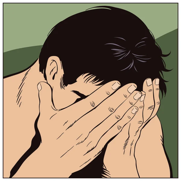 L'uomo piange, chiudendo le mani in faccia. Illustrazione delle scorte . — Vettoriale Stock