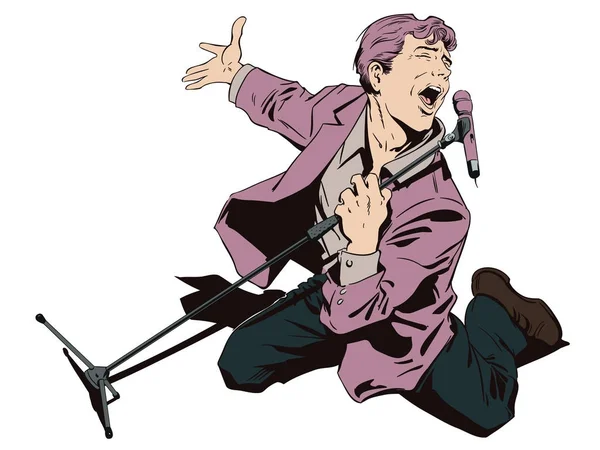 Homme au karaoké. Chanteuse inspirée avec microphone. Illustrat de stock — Image vectorielle