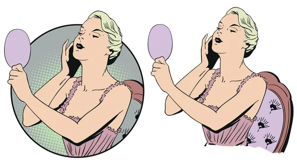 Woman in negligee with mirror. Stock illustration. — Stock Vector