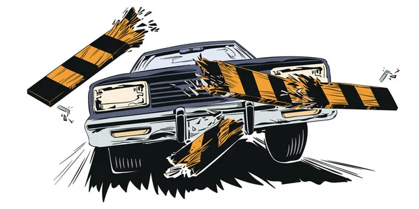 Ατύχημα. Αυτοκίνητο σπάσιμο φράχτη εμπόδιο. Εικόνα μετοχής. — Διανυσματικό Αρχείο
