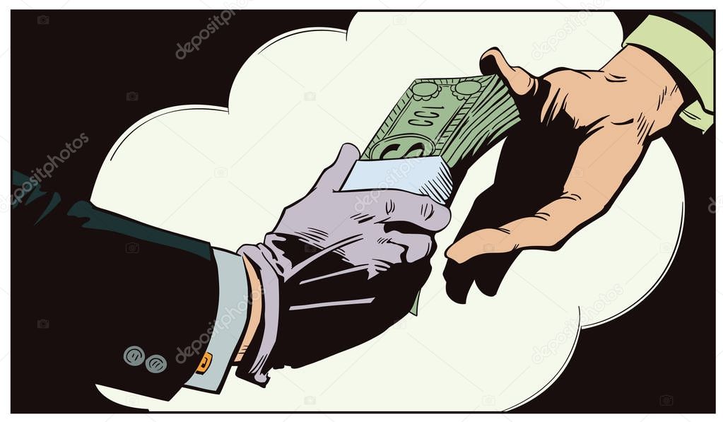 Money transferred from hand to hand. Stock illustration.