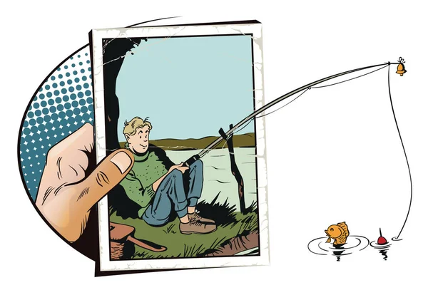 Pescador divertido con caña de pescar. Ilustración general . — Vector de stock