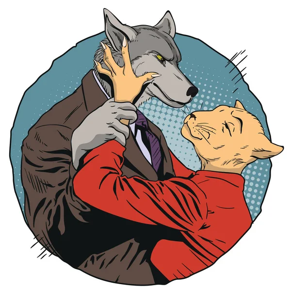 El hombre enojado sostiene a una mujer a mano. Lobo y gato. Personas en imágenes — Vector de stock