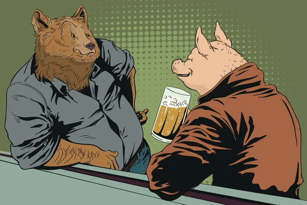Розмовляють чоловіки. Ведмідь і свиня з пивом. Люди на зображеннях тварин — стоковий вектор