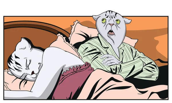 Homem ao lado de uma mulher adormecida. Pussycat e um gato frustrado. Peo... — Vetor de Stock
