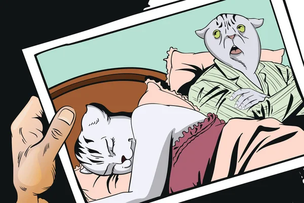 Ο άνθρωπος δίπλα στον ύπνο γυναίκα. Pussycat και απογοητευμένοι γάτα. ΠΕΟ — Διανυσματικό Αρχείο