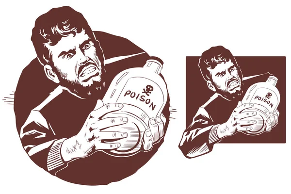 Uomo con bottiglia di veleno. Illustrazione delle scorte . — Vettoriale Stock