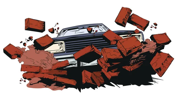 Αυτοκίνητο σπάζοντας τοίχο. Εικόνα μετοχής. — Διανυσματικό Αρχείο