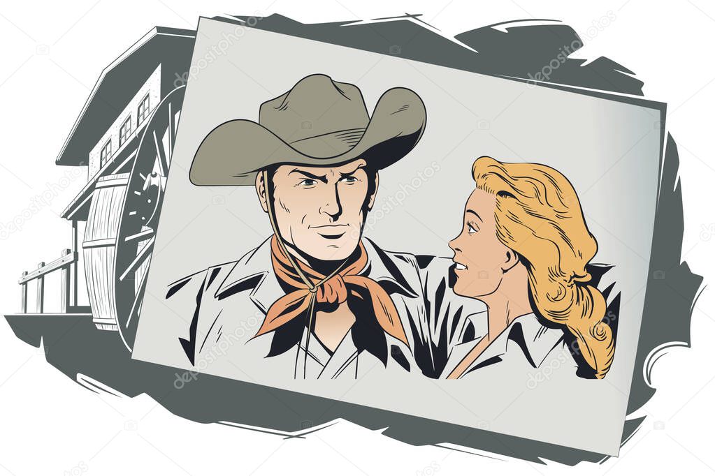 Stock illustration. Cowboy and girl in love.