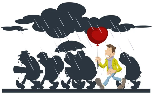 Um homem feliz com um balão. Pessoas que vão à chuva. Vector. Existências —  Vetores de Stock