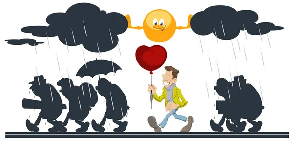 Sol dos desenhos animados ajudando o homem feliz com balão. Pessoas que vão à chuva —  Vetores de Stock