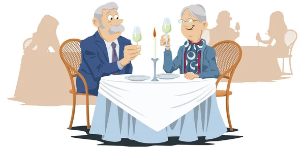 Elderly man and woman in cafe. Funny people in restaurant. — Stock Vector