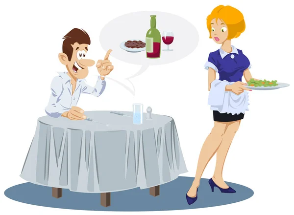 Man and waitress in cafe. Funny people. — Stock Vector