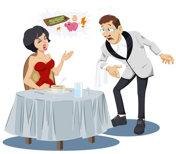 Angry girl quarreling with waiter. Funny people. — Stock Vector