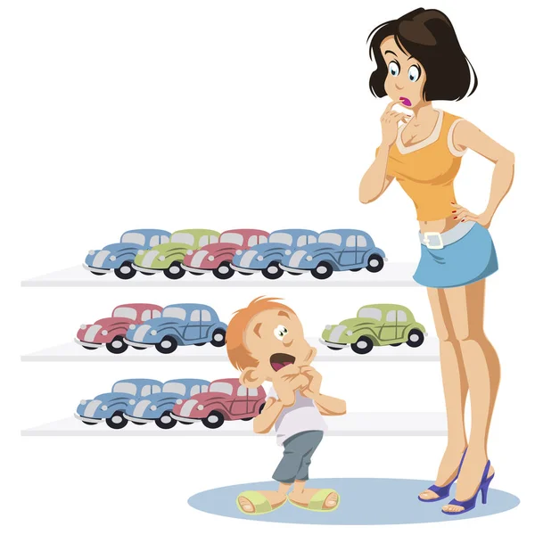 Kind fragt nach Spielzeugauto. Lustige Menschen. — Stockvektor