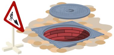 Open sewer manhole. Sign of repair work.  clipart