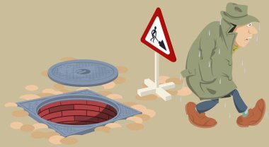 Wet man get out sewers. Open sewer manhole.  clipart