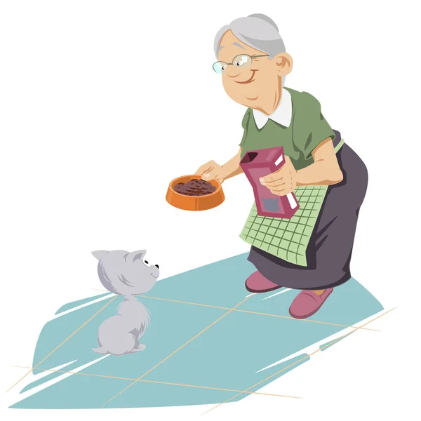 Yaşlı kadın yavru kediyi besler. Komik insanlar.. — Stok Vektör