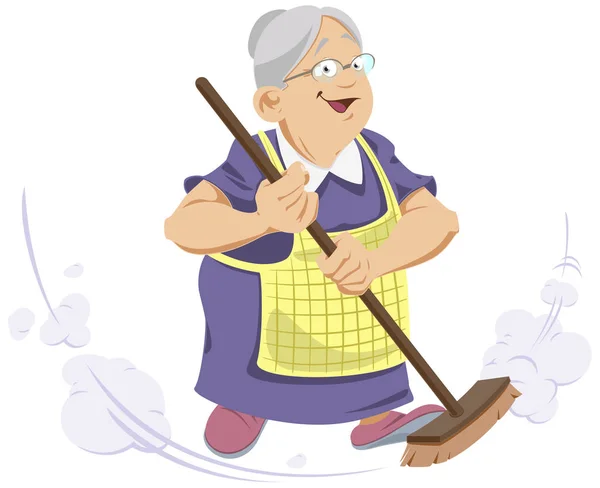 Ηλικιωμένη γυναίκα με σκούπα. Αστείοι άνθρωποι. — Διανυσματικό Αρχείο