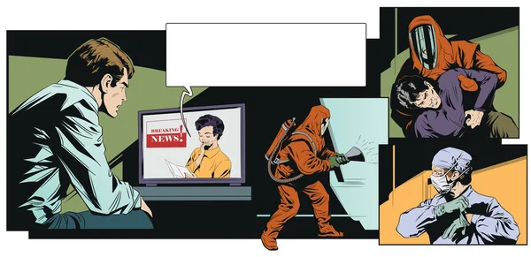 Иллюстрация Запасов Молодой Человек Смотрит Новости Телевизору Коронавирус Пандемия — стоковый вектор