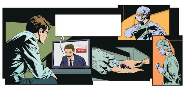 Ilustração Estoque Jovem Ver Notícias Televisão Coronavírus Pandemia —  Vetores de Stock