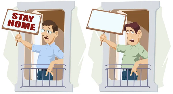 Vtipní Lidé Zůstaň Doma Zastavte Mers Cov Muž Plakátem Okně — Stockový vektor
