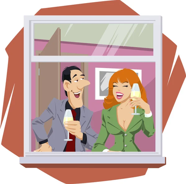 Des Gens Drôles Saint Valentin Couple Flirtant Dans Fenêtre Homme — Image vectorielle