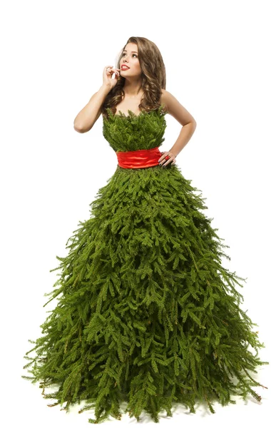 Christmas Tree Woman Dress, Fashion Model Xmas Gown, White Isolated — Stock Photo, Image