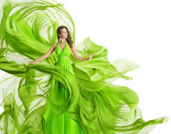 Fashion Woman Flying Dress, Model in Green Gown Waving Fabric — Stock Photo, Image