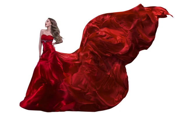 Vestido rojo de moda de mujer, vestido ondeando tela de seda voladora en el viento —  Fotos de Stock