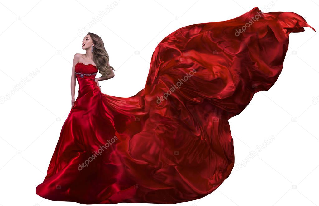 Woman Fashion Red Dress, Gown Waving Flying Silk Fabric on Wind 