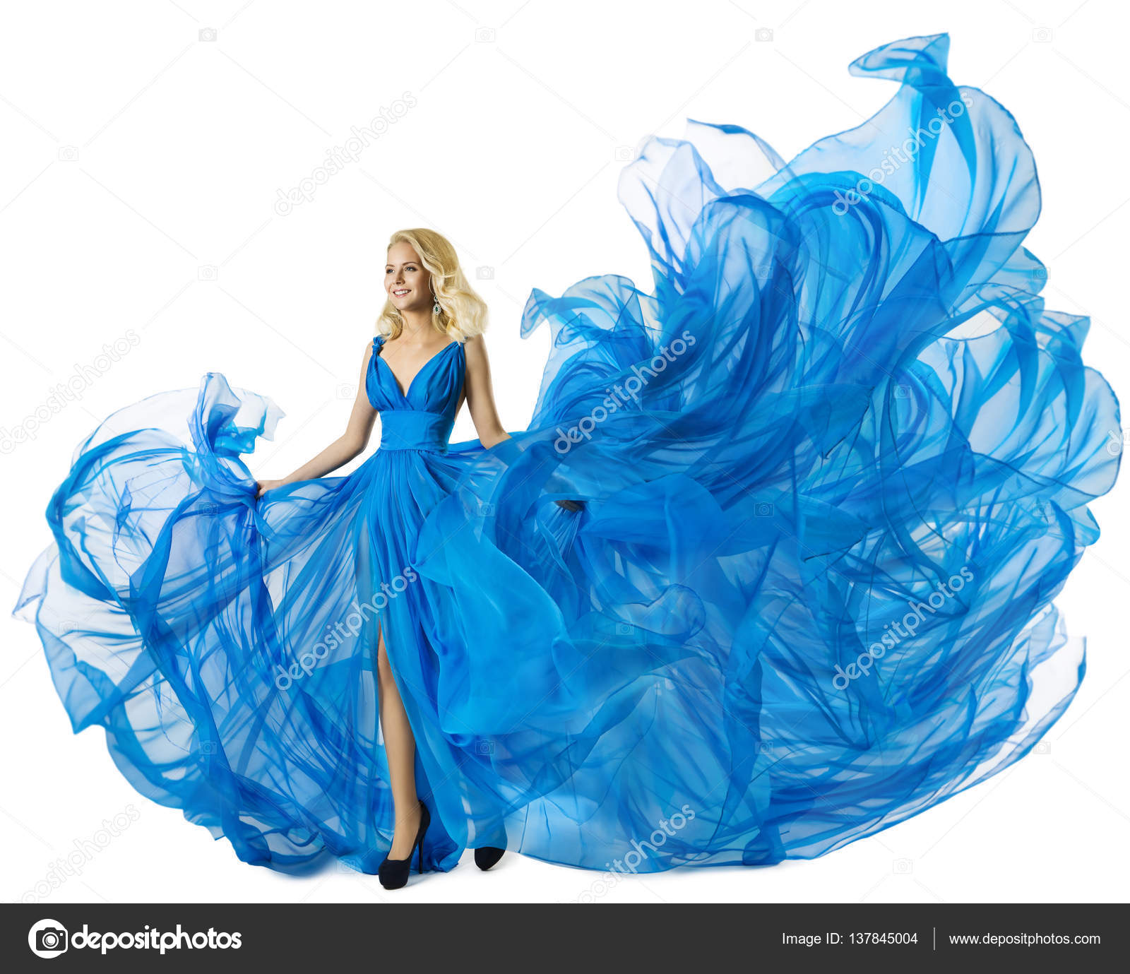 Fashion Model Dancing Blue Dress Flying ...