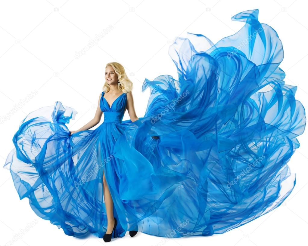 Fashion Model Dancing Blue Dress Flying Fabric, Woman Waving Gown