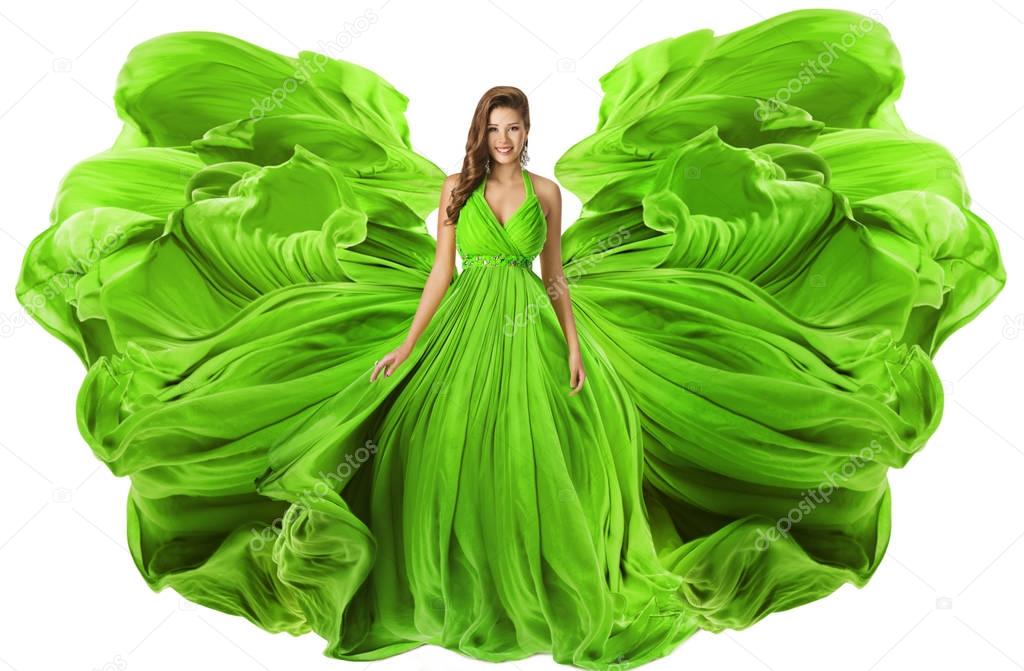 Fashion Model Waving Dress as Wings, Woman Green Gown Fabric