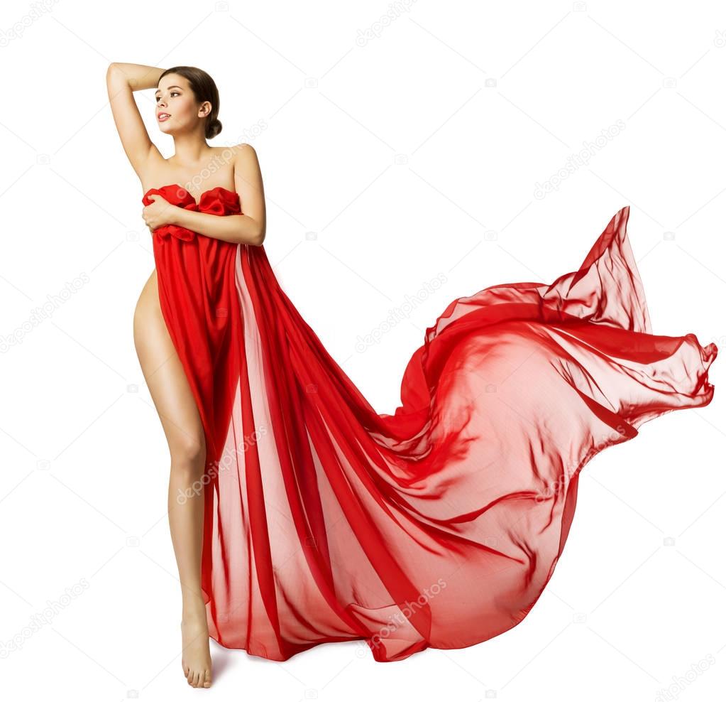 Woman Sexy Body in Red Flying Silk Fabric, Fashion Beauty Model 