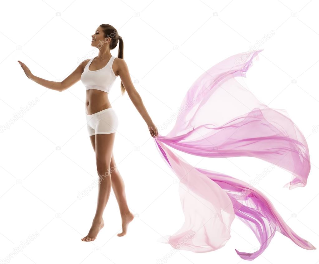 Woman Body Beauty in Sport White underwear with Waving Fabric, Pink Cloth in Hand, Slim Girl