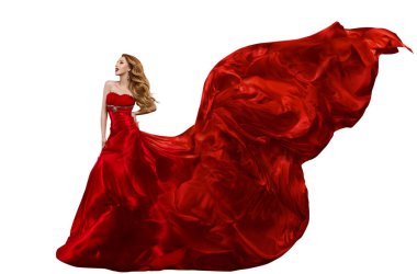 Kadın moda kırmızı elbise, elbise ipek kumaş uçan rüzgarla sallayarak