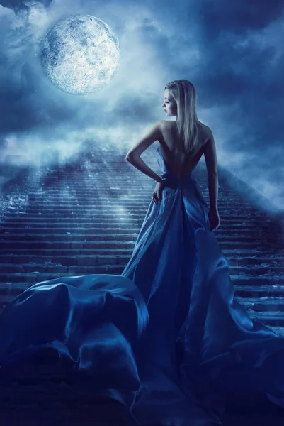 Woman Climb Up Stairs to Fantasy Moon Heaven, Fairy Girl in Night Blue Dress — Stock Photo, Image