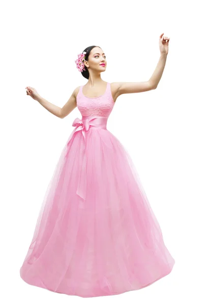 女人穿着粉红色的长礼服，年轻的亚洲女孩时装模型球 — 图库照片