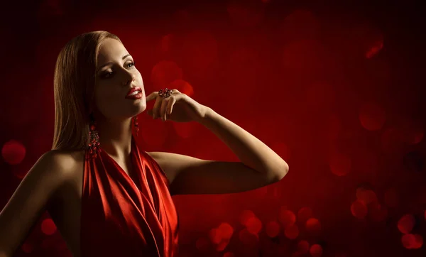 Fashion Model Beauty Portrait, Woman Posing Jewelry, Red Dress Stock Picture