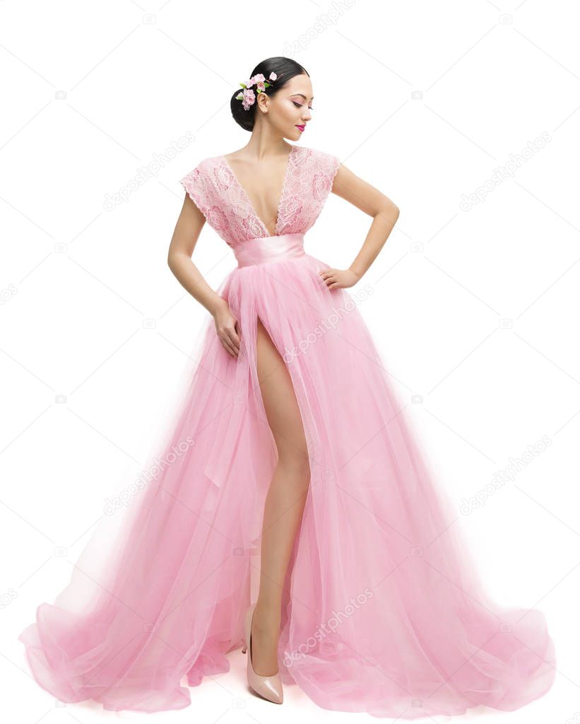 Fashion Model Dress, Woman in Long Pink Clothes, Young Asian Girl