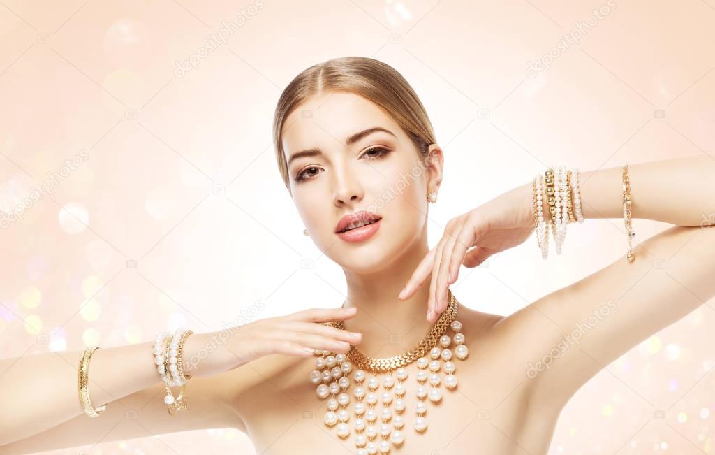 Woman Jewelry, Beauty Fashion Model Posing Jewellery, Young Girl Makeup Portrait