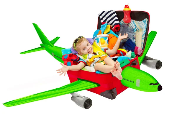 Kid Travel in Suitcase Airplane, Child Flying Luggage Plane Stock Photo