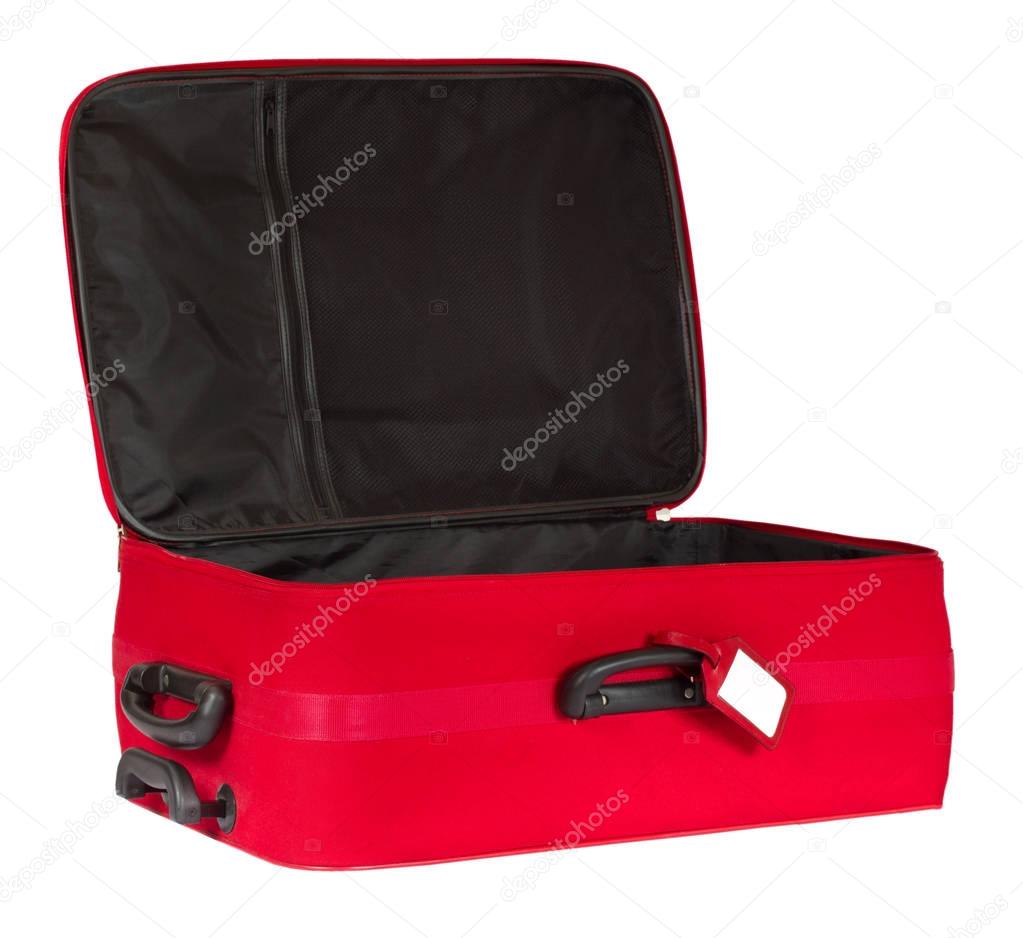Suitcase, Open Empty Travel Luggage, Red Baggage Bag with Tag