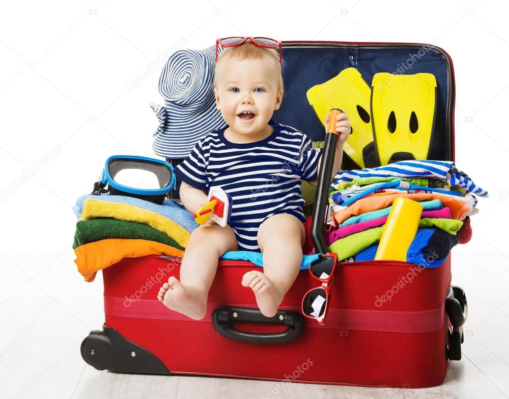 Baby in Travel Suitcase, Kid Sitting Vacation Luggage, Child Bag