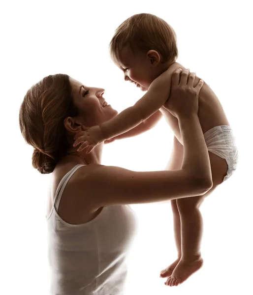 Mãe bebê, mãe e criança feliz, mulher com filho, família em branco — Fotografia de Stock