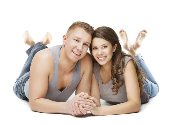 Couple Lying over White Background, Young Adult Man Woman — Stock Photo, Image