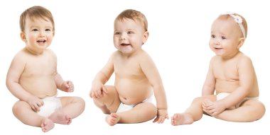 Baby over White Background, Kids Babies sitting in Diapers, Boy and Girl clipart