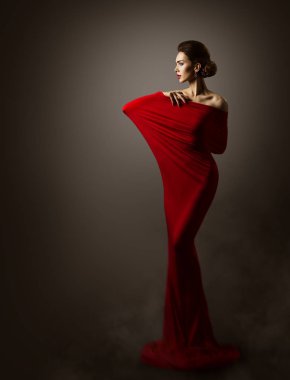 Kadın kırmızı moda elbise sanat, şık bir Model, uzun elbise kumaş uygun