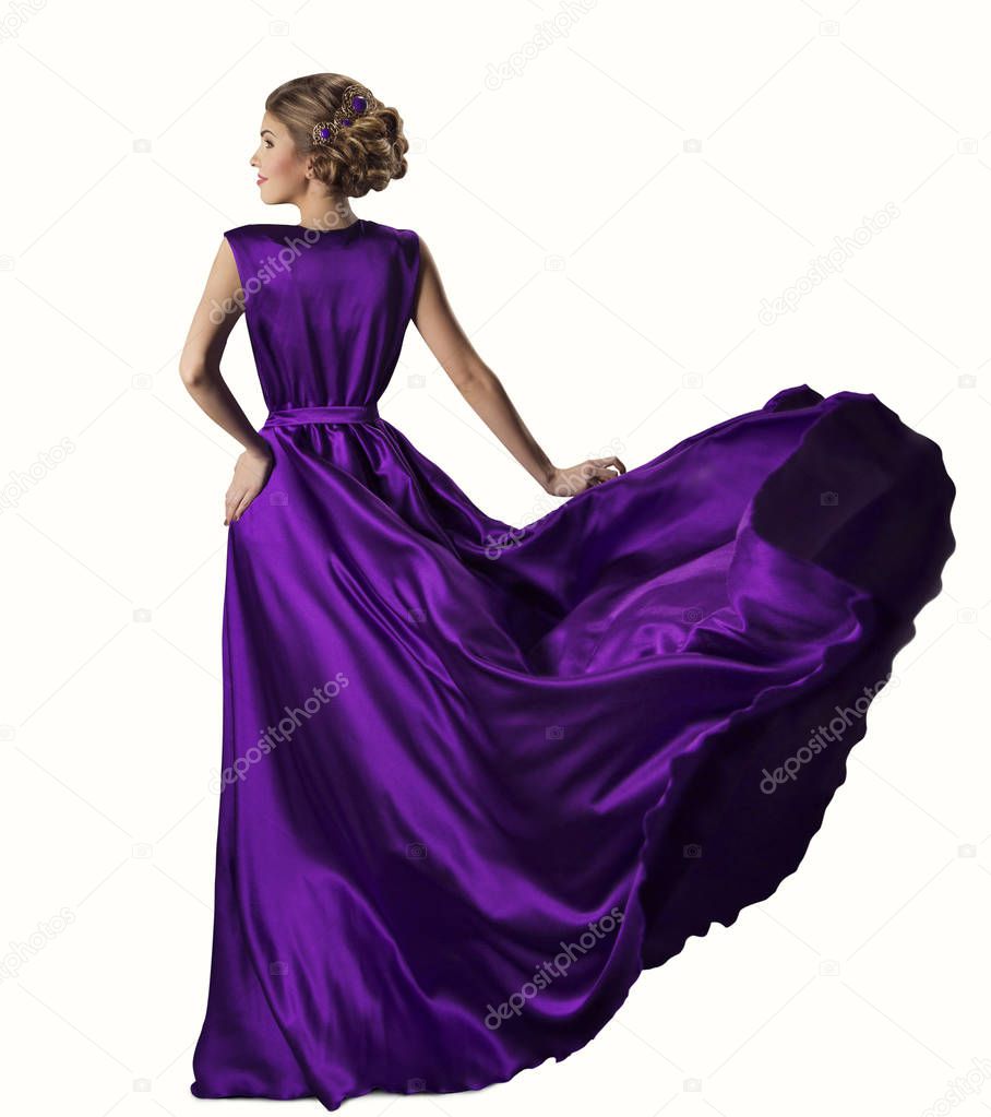 Woman Purple Dress, Fashion Model in Silk Gown, Waving Fabric, White Background